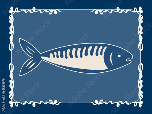 Blue Vintage Fish Illustration. Graphic Retro Style Sea Food Fish Animal Art. Cafe Restaurant Menu Print. Mediterranean Coastal Life Style. Ocean Resort Travel vacation Holiday Decoration. Lace Frame.
