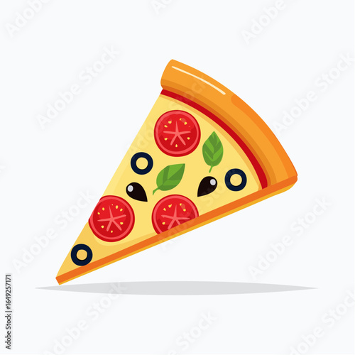 Vibrant vector illustration of a tasty pizza slice adorned with ripe red tomatoes, dark olives, and green basil, showcasing a delectable and appetizing culinary delight.
