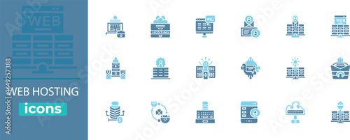 WEB HOSTING best vector icon set. Containing web, hosting, server, cloud, data, storage, network, domain, bandwidth, database and  more. Solid vector icons collection.