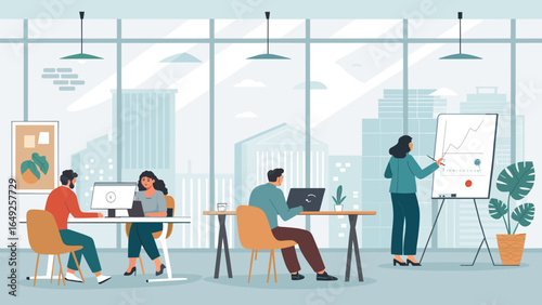 A diverse group of professionals collaborates and works diligently in a bright, modern office space with large windows overlooking a bustling city skyline.