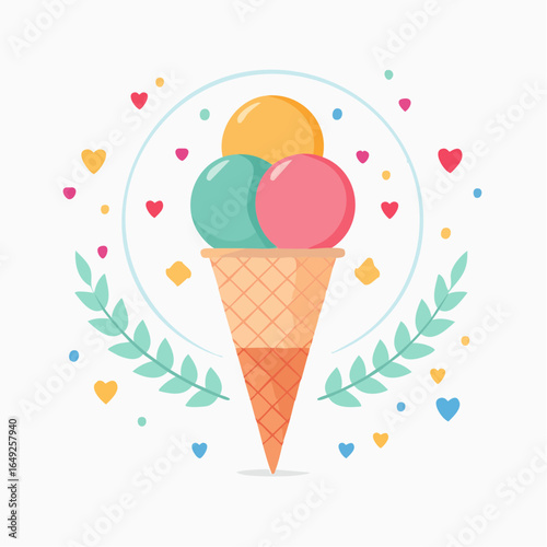 Delightful three-scoop ice cream cone illustration, a vibrant symbol of sweet summer treats and joyful dessert indulgence.