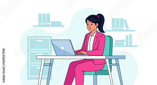 A confident businesswoman in a vibrant pink suit diligently works on her laptop at a modern office desk, surrounded by organized files.