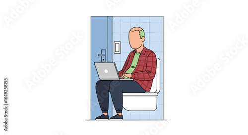 An illustrated man sits on a toilet in a bathroom, engaged in work on his laptop, depicting modern multitasking habits.