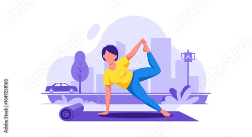 A vibrant illustration depicts a woman gracefully performing a challenging yoga pose on a mat amidst a modern city backdrop, symbolizing health and wellness.