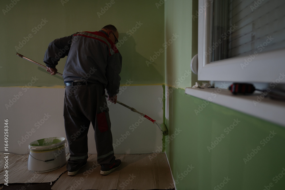 Fototapeta premium Man using a paint roller applies green paint on an interior wall, restoring and beautifying a residential interior space during a home renovation project involving clean lines and precise detailing.
