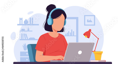 A young woman wearing headphones is actively working on her laptop at a desk in a modern home office setting, illustrating remote productivity.