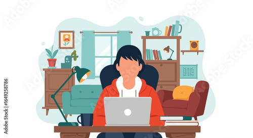 An illustration of a person working remotely from their comfortable home office, using a laptop at a desk within a cozy, well-furnished room.