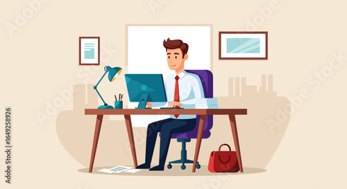A smiling cartoon man in a shirt and tie diligently works on his computer at a modern office desk, illustrating productivity and remote work.
