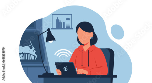 A young woman in a red hoodie works diligently on her laptop at a modern desk in a home office, illustrating remote work and online connectivity.