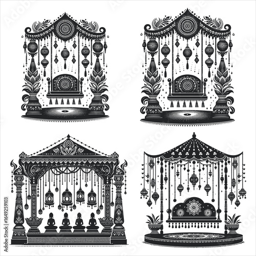 Indian Wedding Mandap Vector Bundle – Traditional Stage, Floral Decoration and Hanging Lanterns