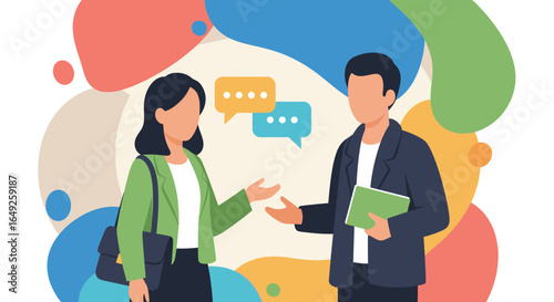Two individuals, a man and a woman, engage in a professional discussion, with speech bubbles indicating communication, depicted in a modern flat vector illustration.