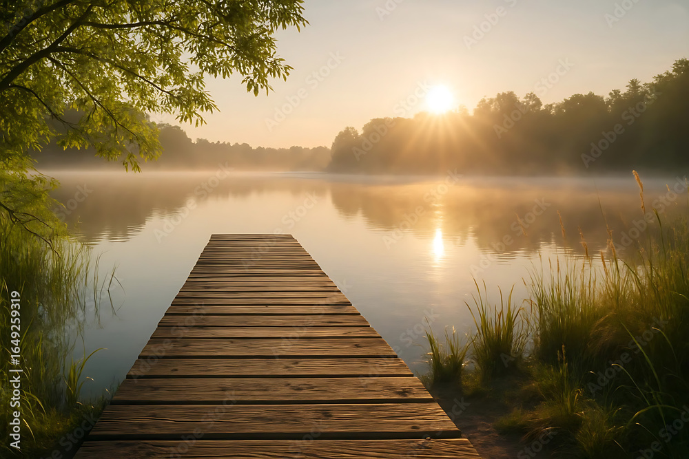 Fototapeta premium Sunrise over a tranquil lake with a wooden dock