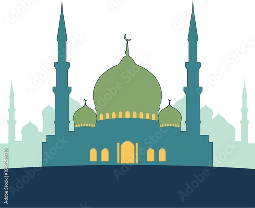 Silhouette of a mosque, with a city skyline, in muted teal and green tones.