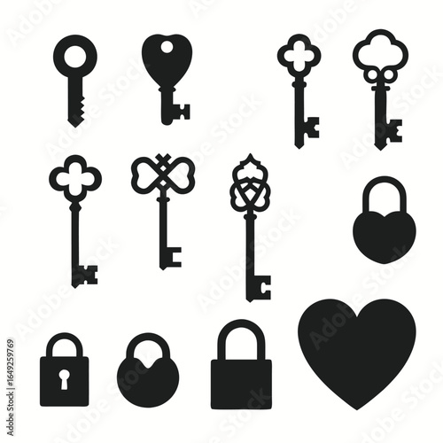 Collection of antique and heart shaped locks and keys