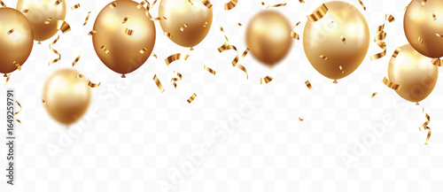 Celebration banner with gold confetti and balloons
