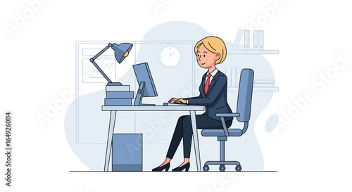 Professional businesswoman working diligently at her office desk, engaged with her computer. Represents productivity, corporate work, and modern business environment.
