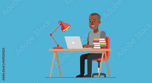 Happy senior man works productively on his laptop at a home desk, surrounded by books. Ideal for concepts like remote work, online education, or personal development.