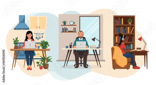 Diverse people working or studying remotely from different home settings, illustrating modern flexible work-life balance and online learning.