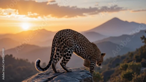 A cheetah stands on a termite mound, surveying the vast savanna panorama. 4k video