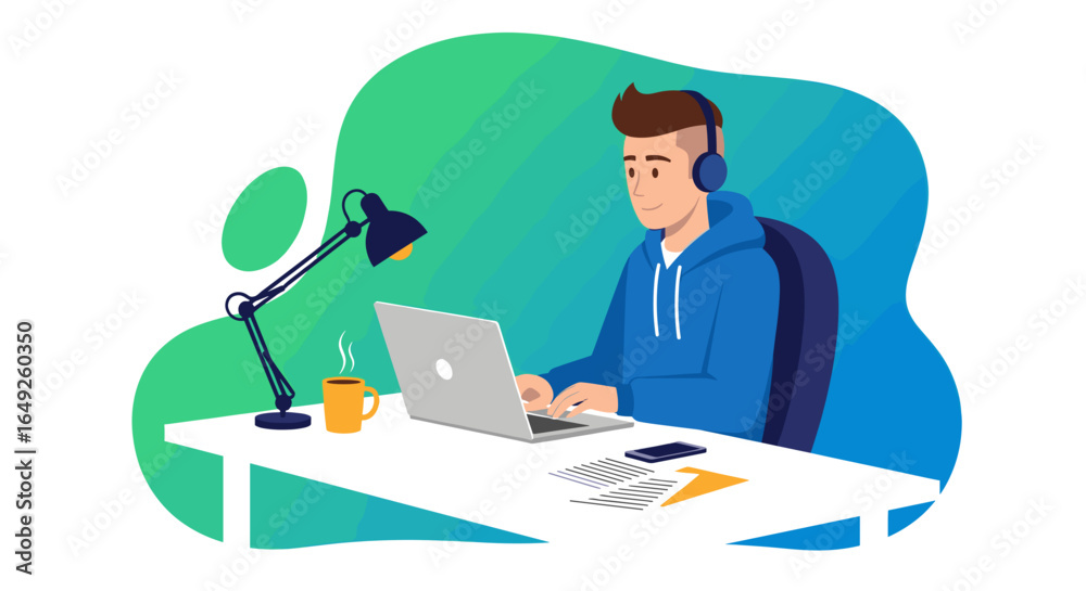 Young man with headphones working diligently on his laptop at a desk with a lamp and coffee, focused on his task. Young man with headphones working diligently on his laptop at a desk with a lamp and coffee, focused on his task.