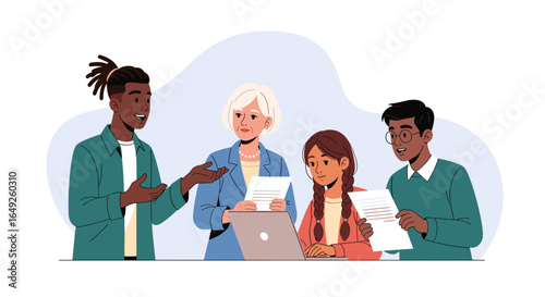 Diverse professionals collaborating in a business meeting, exchanging ideas and working together. Represents teamwork, communication, and learning in a modern workplace.