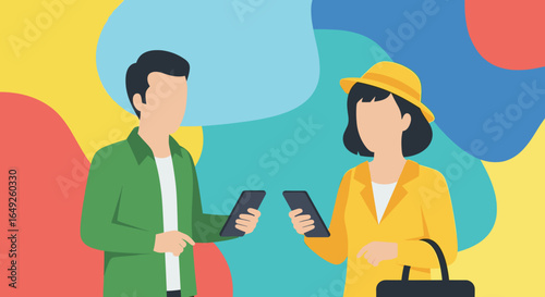 Two individuals are depicted in a vibrant illustration, engaging with their mobile phones, symbolizing digital communication and modern connectivity.
