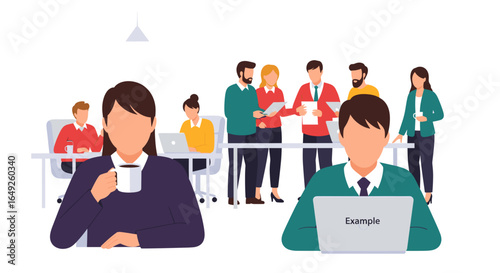 Diverse team of professionals working together in a vibrant office space. Illustrates collaboration, project management, and daily corporate life.