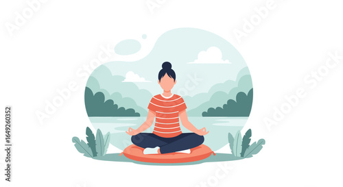 A woman meditates peacefully in a serene natural setting, finding inner calm amidst tranquil surroundings.