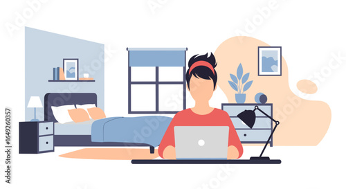 Person working remotely on a laptop in a cozy bedroom. Illustrates modern freelance work, online education, or comfortable home office lifestyle.