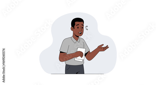 An illustration depicts a young Black man experiencing stress and anxiety while speaking or presenting, showing his worried expression and discomfort.