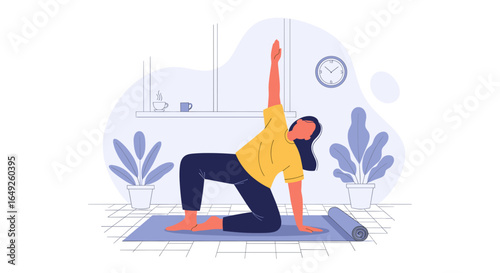 A young woman in a comfortable home setting practices a yoga or stretching pose on a mat, focusing on flexibility and overall wellness, promoting healthy living.