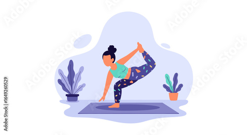 An illustration of a woman gracefully performing a challenging yoga pose on a mat, surrounded by potted plants, symbolizing balance and wellness.