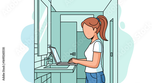 A dedicated young woman with a ponytail works diligently on her laptop from an unconventional bathroom setting, highlighting flexible remote work arrangements.