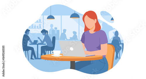 A freelance woman works diligently on her laptop at a bustling cafe, enjoying a warm beverage while immersed in her remote tasks.