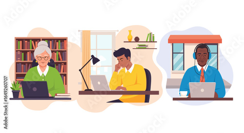 People of diverse ages and backgrounds work and learn remotely on laptops. Depicts online education, home office, and digital connectivity for modern lifestyles.