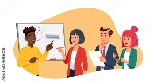 Diverse business professionals collaborate in a meeting, presenting ideas on a whiteboard. Ideal for corporate training, workshops, and teamwork concepts.