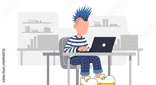 Stylish individual with a vibrant blue mohawk working diligently on a laptop in a modern office. Represents creativity, digital work, and innovative business solutions.