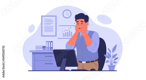 Overwhelmed employee experiencing stress and burnout in the office, depicting work pressure, challenges, and mental health struggles in a business setting.