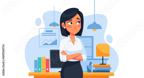 Worried businesswoman with crossed arms standing in a modern office, reflecting stress, challenges, or work-related issues. Ideal for concepts of professional concern or office problems.
