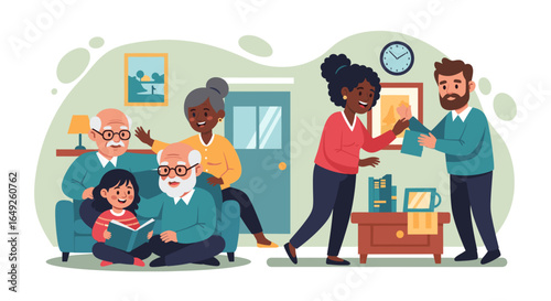 A multi-generational family enjoys quality time together, sharing stories and creating lasting memories in a cozy home environment.