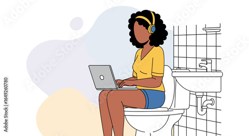 Person in headphones works on a laptop in a bathroom, illustrating remote work, privacy, or multitasking in everyday life. Suitable for modern lifestyle and convenience.