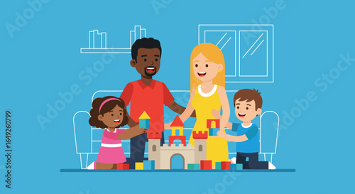 A happy, diverse family enjoys building a colorful toy castle together in their living room.