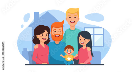 Happy diverse family with two parents, two children, and a baby, smiling together in front of a house. Represents family life, home, and security.