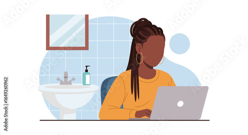 Woman working on laptop in a bathroom setting, illustrating remote work, work-life balance, and unconventional productivity.