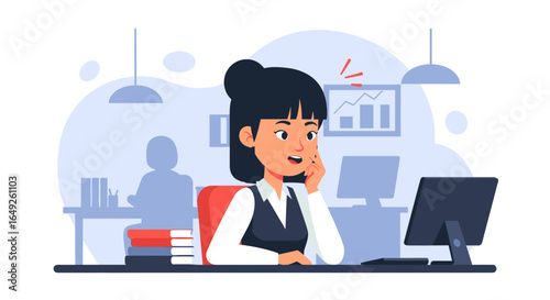 A focused professional woman sits at her office desk, contemplating solutions while diligently working on her computer in a modern corporate environment.