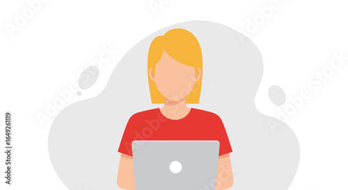 Young woman with blonde hair wearing a red t-shirt works on a laptop computer in a modern office setting.