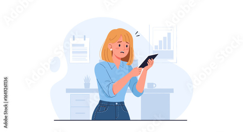 Worried woman with blonde hair looks at her smartphone with a concerned expression in an office setting.