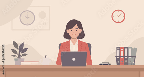 A smiling woman works diligently at her desk in a modern office, surrounded by professional supplies and clocks.