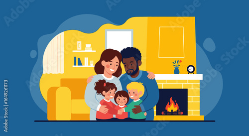 A loving, diverse family embraces warmly in their cozy home, symbolizing security, happiness, and the comfort of togetherness.