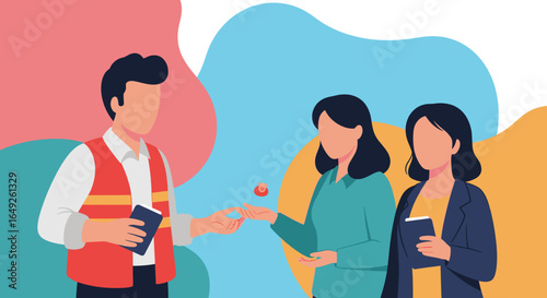An illustration depicting a man in a red vest handing an object to two women, symbolizing aid, transaction, or community support.